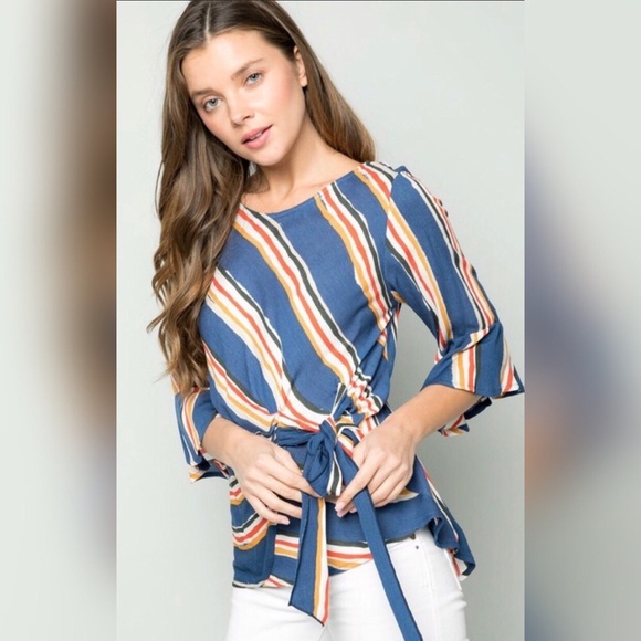 Woven Striped Front Tie Ruffle Top - Picture 5 of 6